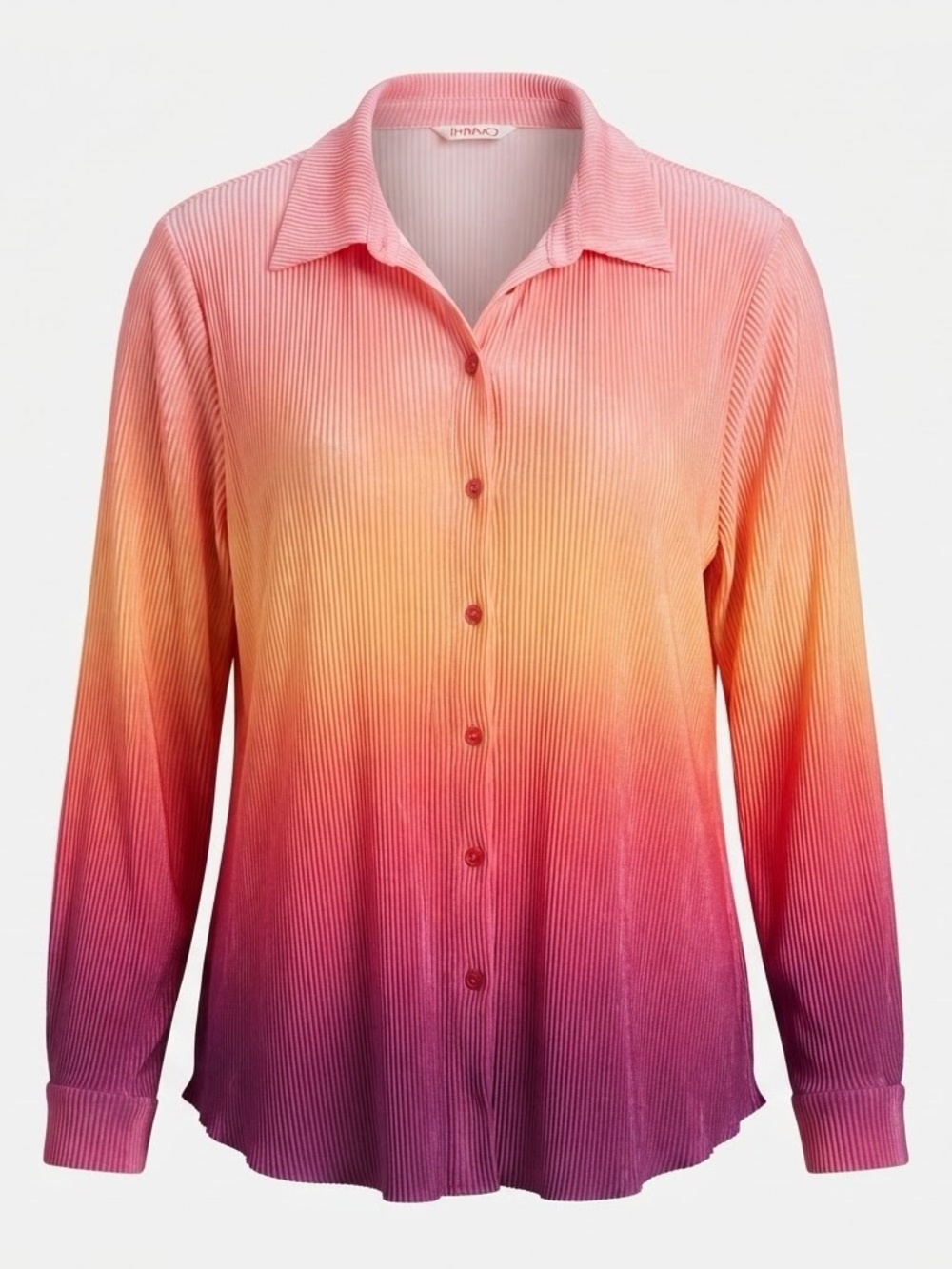 Intempo Women XL Pleated Ombre Button Down Shirt Pink Orange Purple Long Sleeve